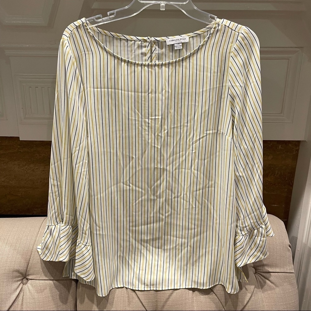 AW: Carolina Belle Bell Sleeve Womens Top Size Large Stripe White Blue Keyhole